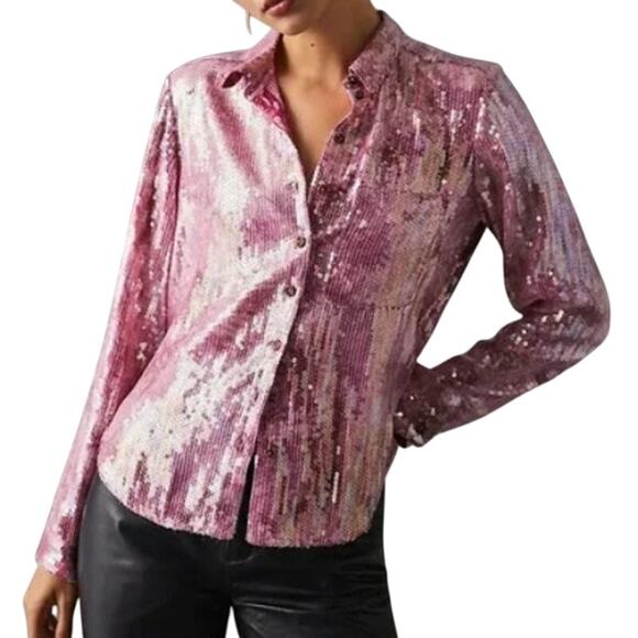 Picro Pink Sequined Shimmer Showgirl Top Size L Sparkle Feminine Holiday Party - Picture 7 of 12